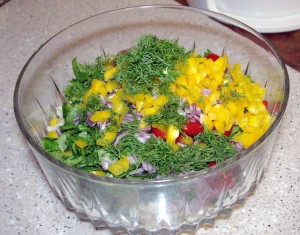 Fresh vegetables mixed with pasta in bowl