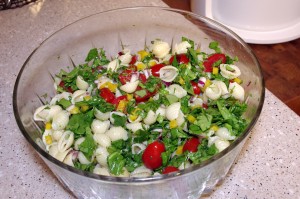 Confetti pasta salad tossed with vinaigrette