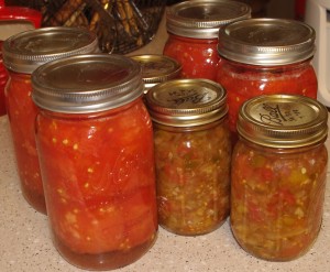Jars of canned garden tomatoes